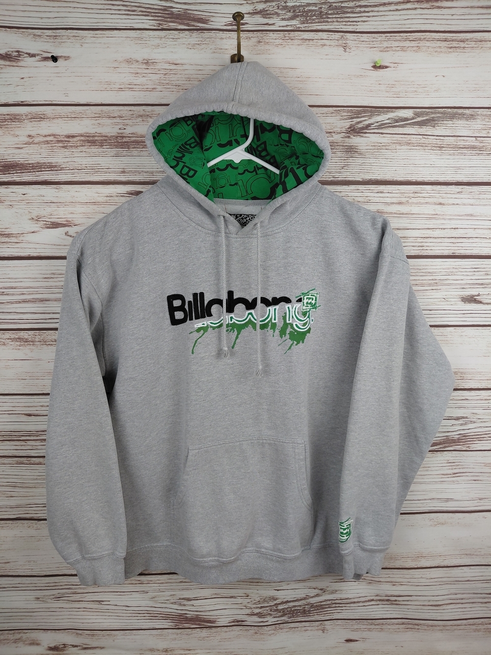 Billabong Mens XL Vintage Gray & Green Logo Spellout Oversized Skate Hoodie